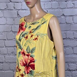 Hilo Hattie Yellow Floral Flanged Sleeveless Dress, Women's Medium